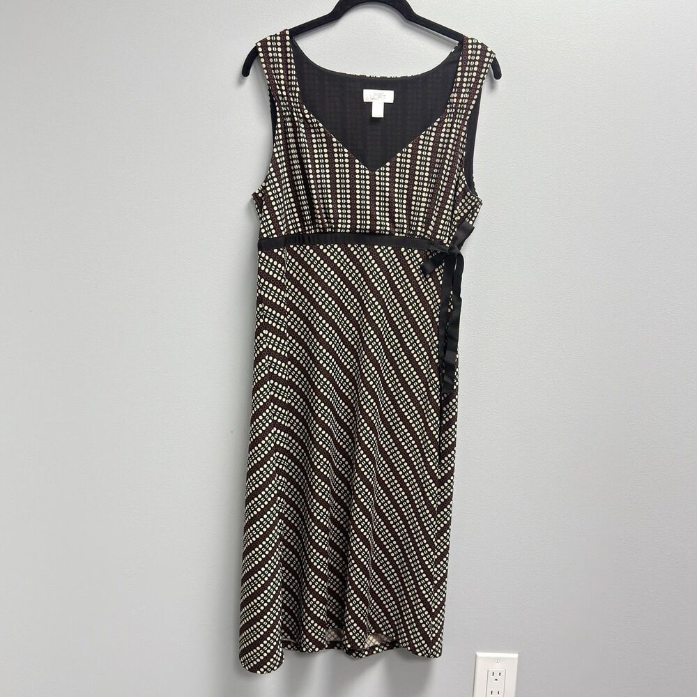 Loft Women's Black Geometric Print Dress Empire Waist With Ribbon Tie Size 12